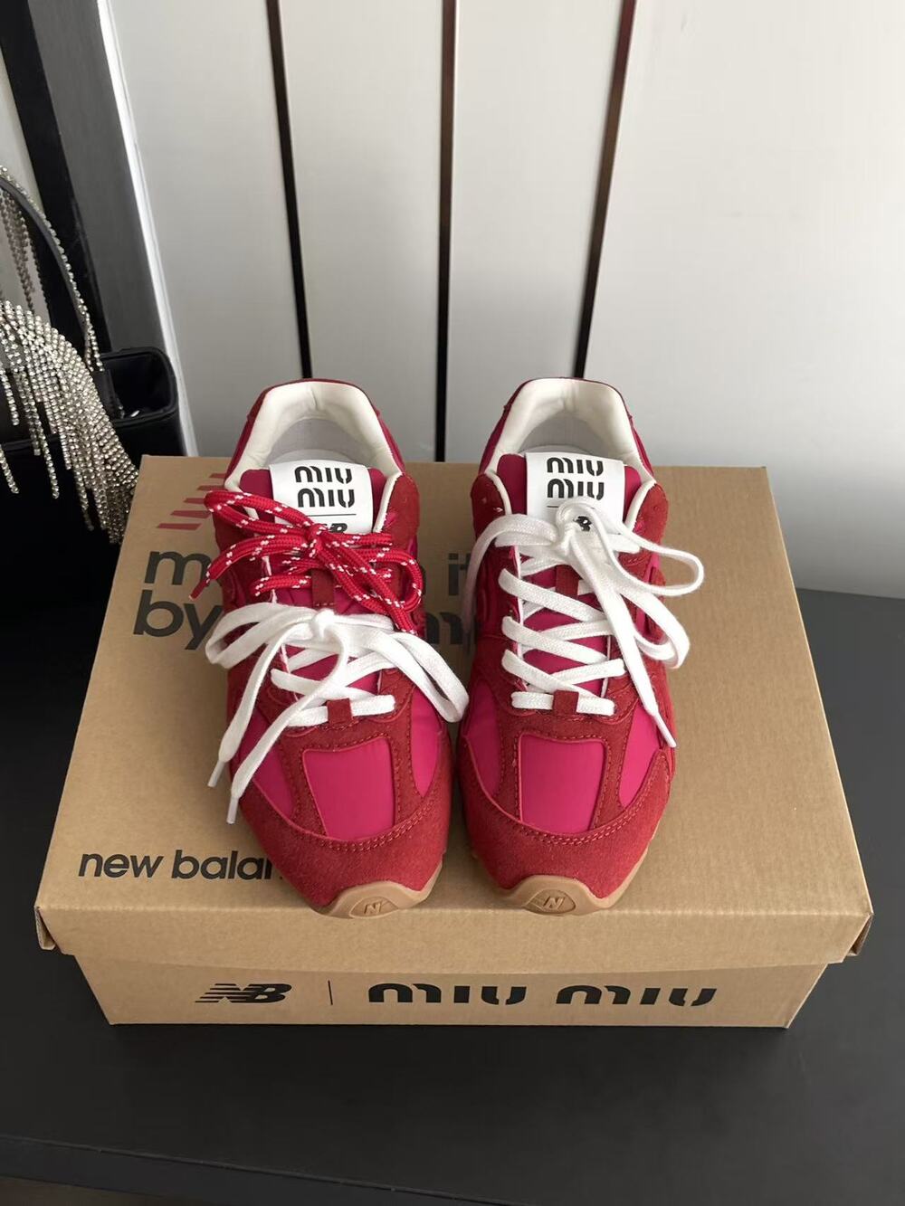 Miu Miu x New Balance Red Suede Lace-Up Sneakers